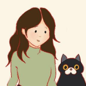 Animated image of a woman with brown hair in a green turtleneck and a tuxedo cat